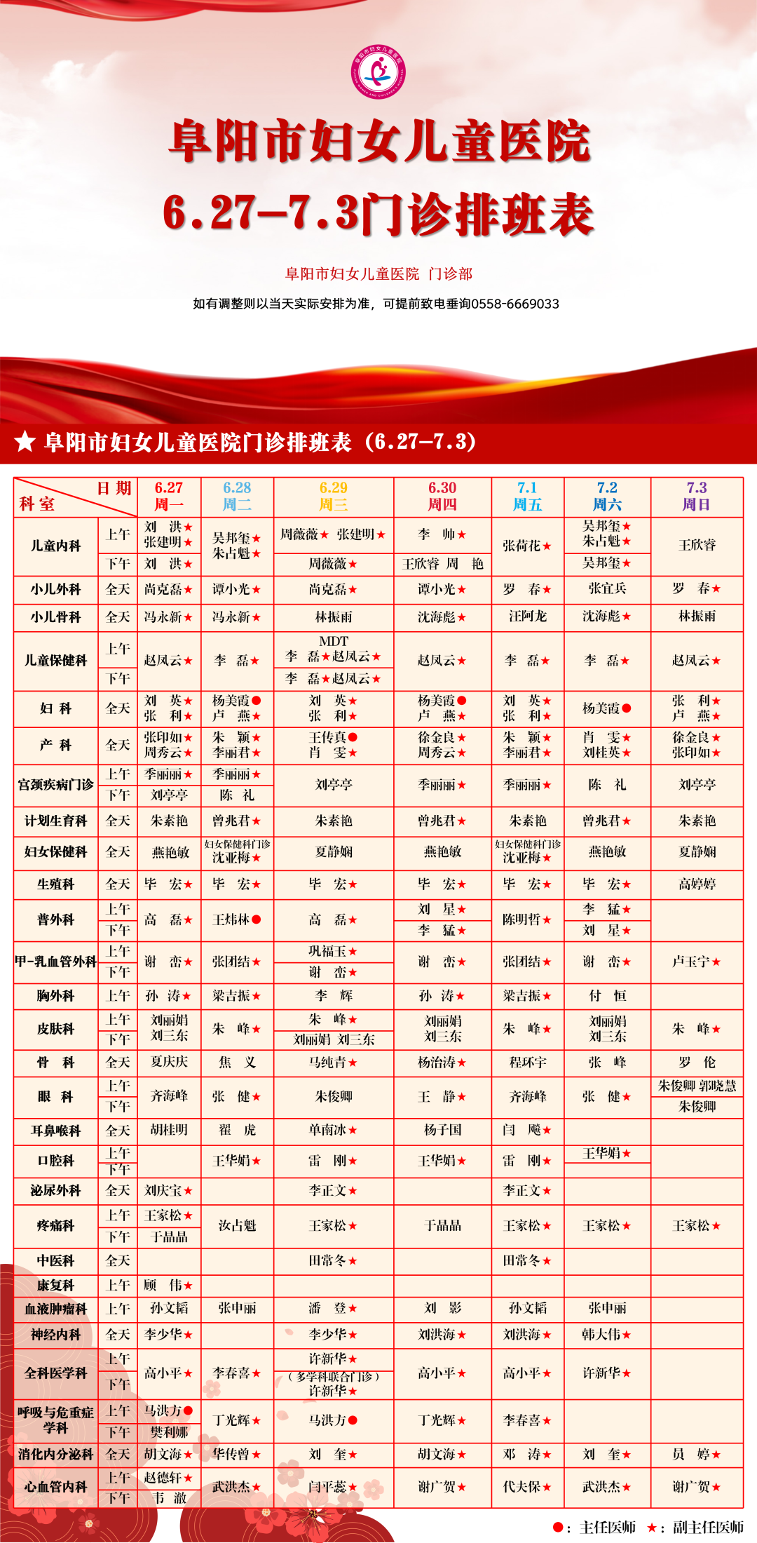 阜陽市婦女兒童醫(yī)院門診排班（2022年6月27日至7月3日）