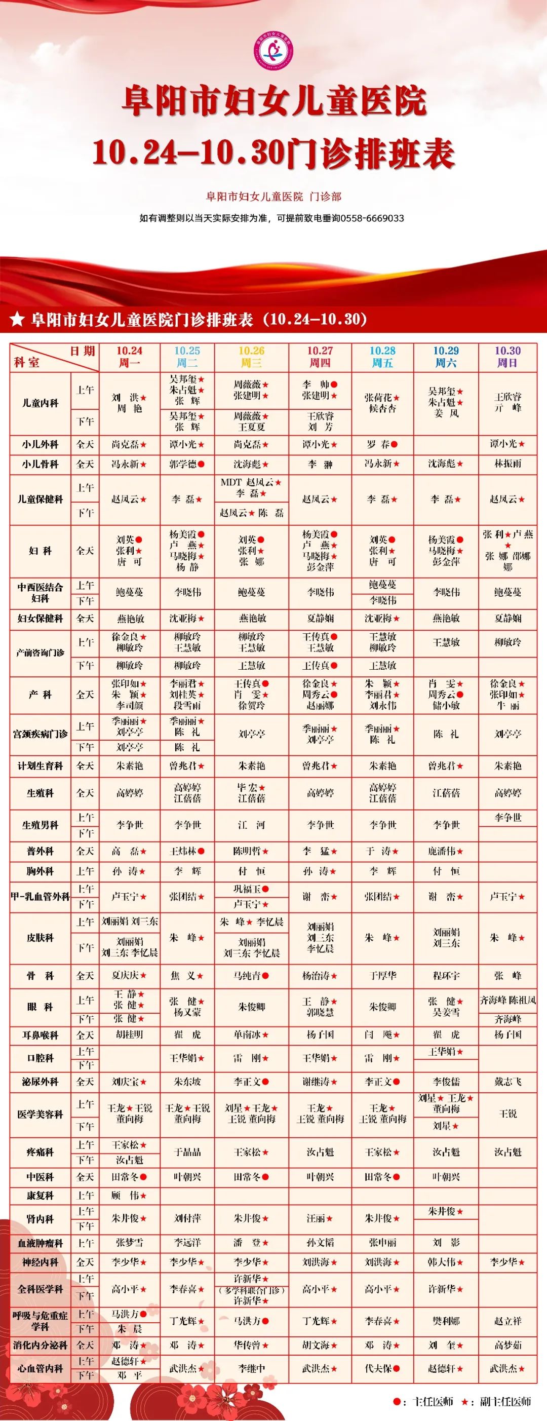 阜陽市婦女兒童醫(yī)院門診排班（2022年10月24日至10月30日）